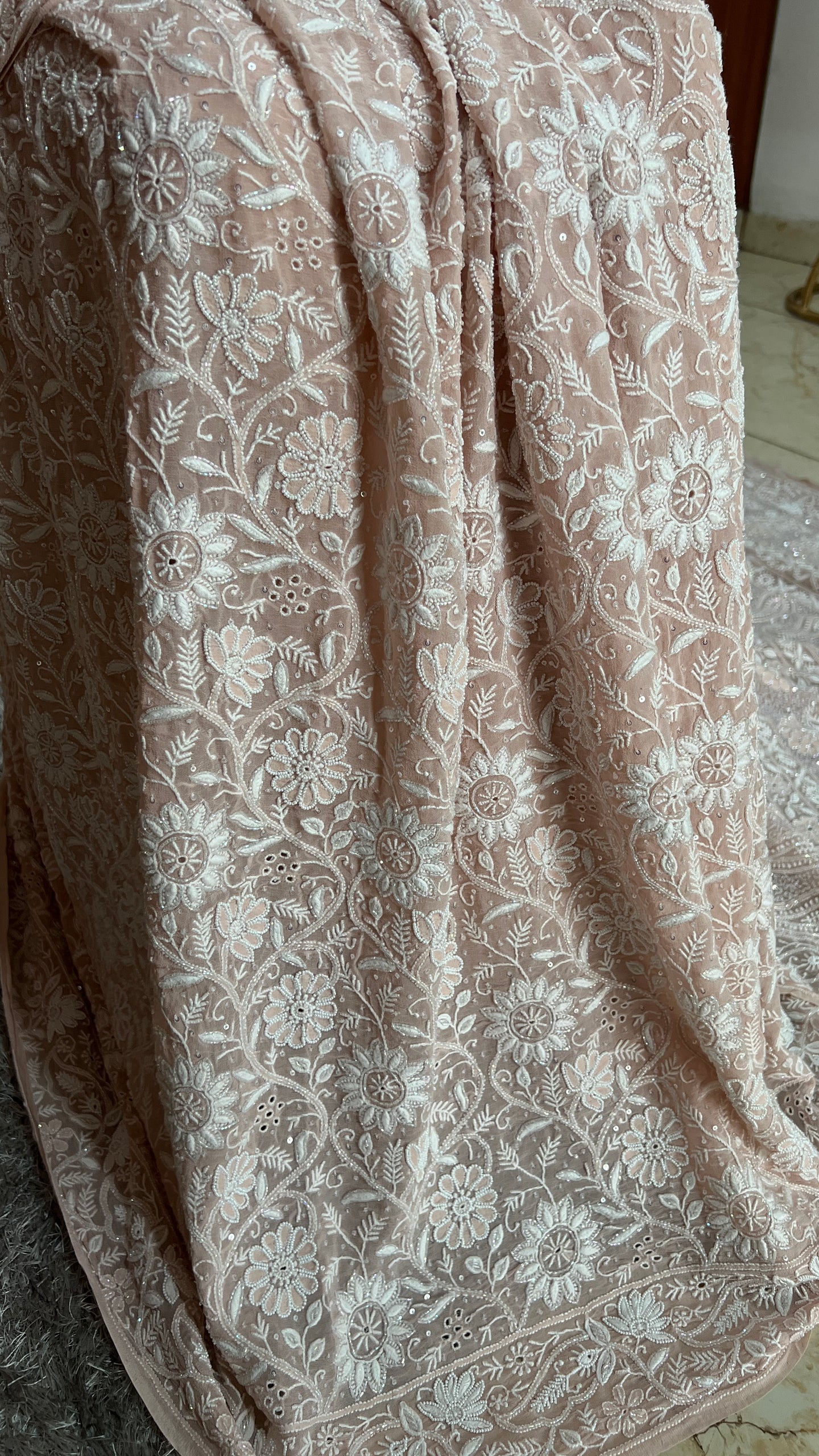 Suhaan Old Rose Pink 2 and 3 taar Chikankari Masterpiece Saree